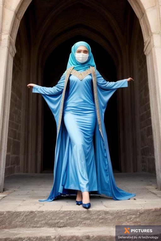 Woman, Skinny, Open mouth, Blue, Hijab, Castle