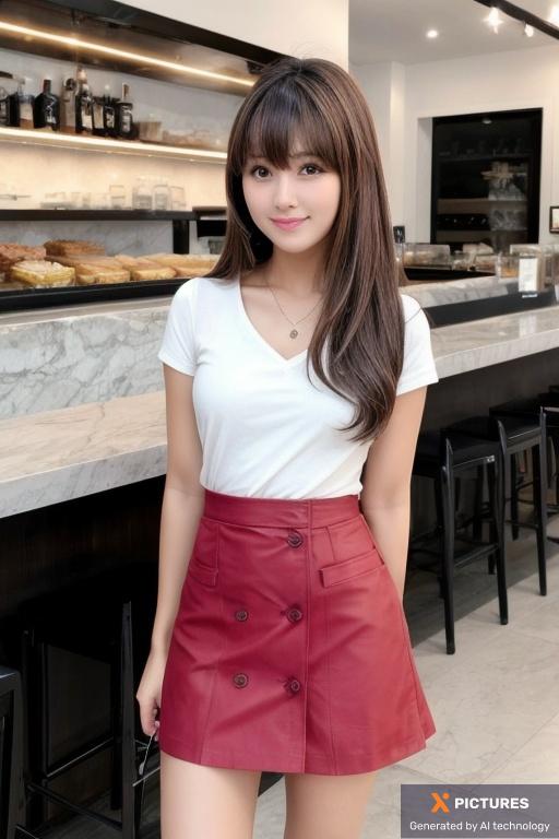 Woman, One, Skinny, Small, Crying, Brunette, Bangs, Mini skirt, Full Body, Dynamic, Seductive pose, Cafe, Soft, 20s - 30s