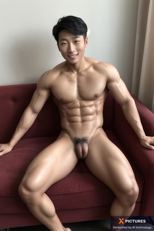 Man, Two, Asian, Muscular, Horney, Naked, Dynamic, Spreaded legs, Couch, Day, Realism, 20s - 30s