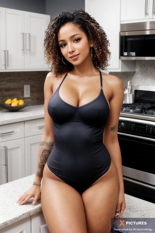 Woman, One, Latina, Skinny, Colored tattoos, Rounded, Thick thighs, Seductive smirk, Ash, Curly, Bodysuit, Unbuttoned, Full Body, Dynamic, Spreaded legs, Kitchen, Day, 20s - 30s