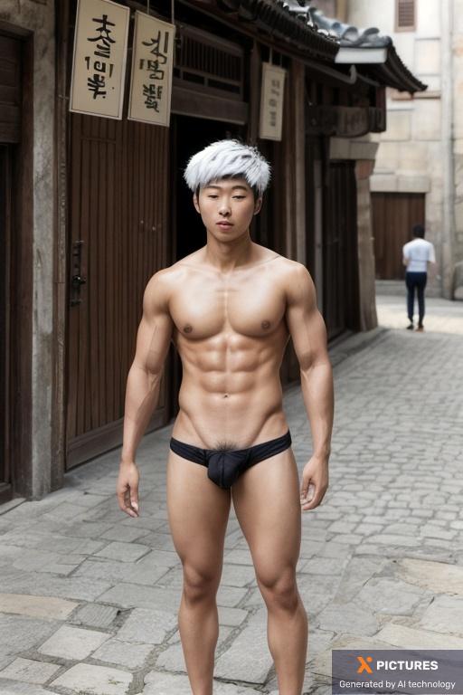 Man, One, Korean, Muscular, Olied, Large, Big, Open mouth, Black, Fluffy, Naked, Naked, Full Body, Standing, Ancient city, Day, 20s - 30s