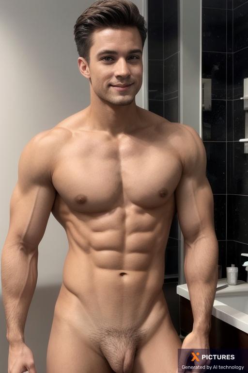 Man, Muscular, Seductive smirk, Casual, Naked, Full Body, Dynamic, Seductive pose, Bathroom, Day