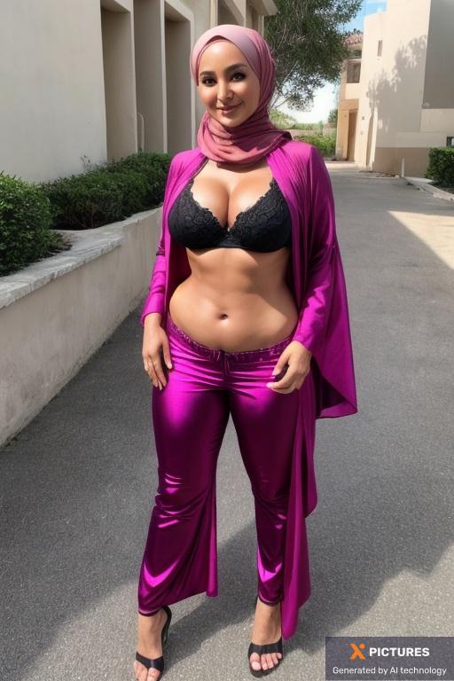 Woman, One, 40s - 50s, Arabic, Thick, Seductive smirk, Hijab, Full Body, Seductive pose, Street