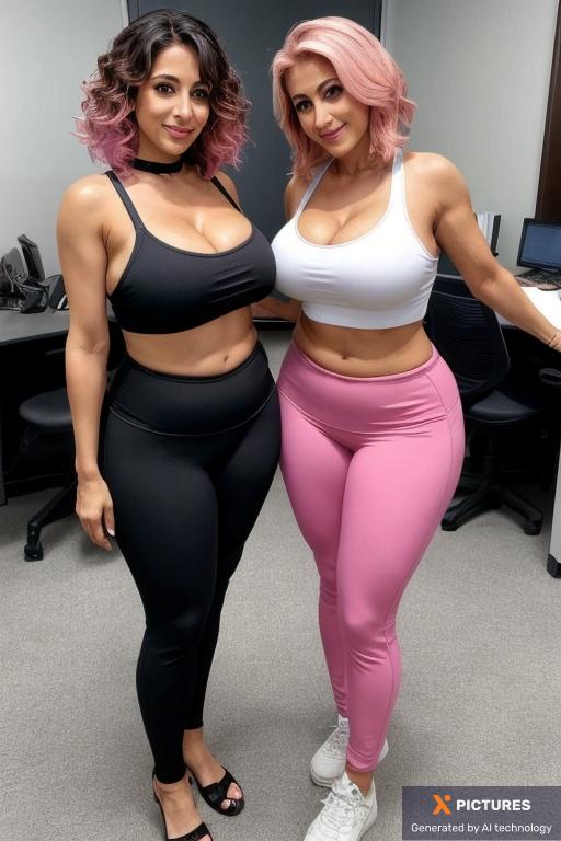 Woman, Two, 40s - 50s, Middle Eastern, Fit, Big, Busty thighs, Seductive smirk, Pink, Bobcut, Yoga pants, Full Body, View from above, Spreaded legs, Office, Spotlight, Marvel