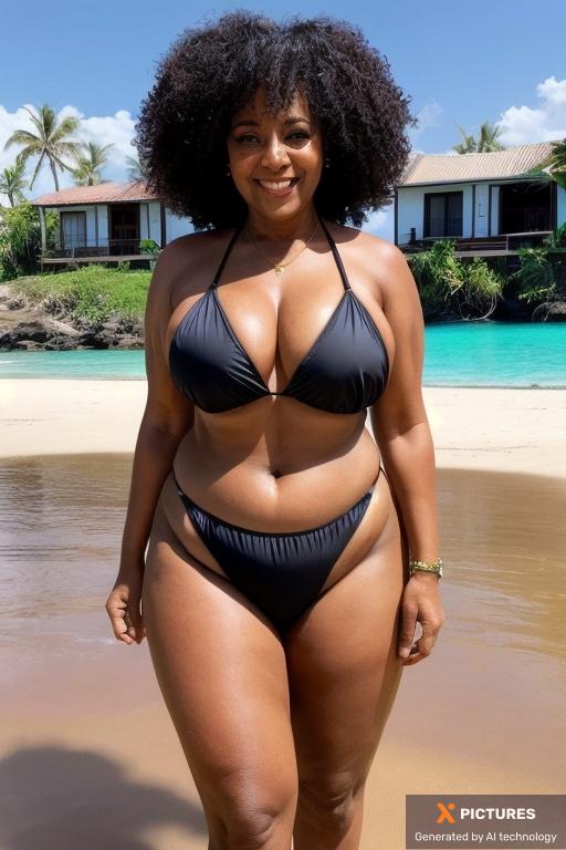 Man, One, 60+, Brazillian, Thick, Dark, Big, Medium, Make up, Black, Curly, Bikini, Full Body, Standing, Beach, Day